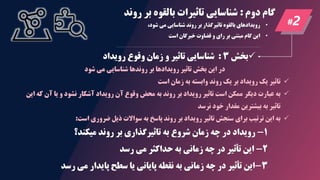 #2
•
،‫شود‬ ‫مي‬ ‫شناسايي‬ ‫روند‬ ‫بر‬ ‫تاثيرگذار‬ ‫بالقوه‬ ‫رويدادهای‬
•
‫قضاوت‬ ‫و‬ ‫رای‬ ‫بر‬ ‫مبتني‬ ‫گام‬ ‫اين‬
‫خبرگان‬
‫است‬
✓
‫بخش‬
3
:
‫شناسايي‬
‫تاثير‬
‫وقوع‬ ‫زمان‬ ‫و‬
‫رويداد‬
‫دوم‬ ‫گام‬
:
‫روند‬ ‫بر‬ ‫بالقوه‬ ‫تاثيرات‬ ‫شناسايي‬
‫در‬
‫این‬
‫بخش‬
‫تاثیر‬
‫رویدادها‬
‫روندها‬ ‫بر‬
‫شناسایی‬
‫می‬
‫شود‬
✓
‫تاثیر‬
‫یك‬
‫رویداد‬
‫است‬ ‫زمان‬ ‫به‬ ‫وابسته‬ ‫روند‬ ‫یك‬ ‫بر‬
✓
‫عبارت‬ ‫به‬
‫دیگر‬
‫ممکن‬
‫است‬
‫تاثیر‬
‫رویداد‬
‫آن‬ ‫وقوع‬ ‫محض‬ ‫به‬ ‫روند‬ ‫بر‬
‫رویداد‬
‫آشکار‬
‫و‬ ‫نشود‬
‫یا‬
‫آ‬
‫ن‬
‫كه‬
‫این‬
‫تاثیر‬
‫به‬
‫بیشترین‬
‫نرسد‬ ‫خود‬ ‫مقدار‬
✓
‫به‬
‫این‬
‫ترتیب‬
‫برای‬
‫سنجش‬
‫تاثیر‬
‫رویداد‬
‫سواالت‬ ‫به‬ ‫پاسخ‬ ‫روند‬ ‫بر‬
‫ذیل‬
‫ضروری‬
‫است‬
:
۱
-
‫رويداد‬
‫به‬ ‫شروع‬ ‫زمان‬ ‫چه‬ ‫در‬
‫تاثيرگذاری‬
‫روند‬ ‫بر‬
‫ميکن‬
‫د؟‬
۲
-
‫اين‬
‫تأثير‬
‫چه‬ ‫در‬
‫زماني‬
‫به‬
‫حداکثر‬
‫مي‬
‫رسد‬
3
-
‫اين‬
‫تأثير‬
‫چه‬ ‫در‬
‫زماني‬
‫رسد‬ ‫مي‬ ‫پايدار‬ ‫سطح‬ ‫يا‬ ‫پاياني‬ ‫نقطه‬ ‫به‬
 