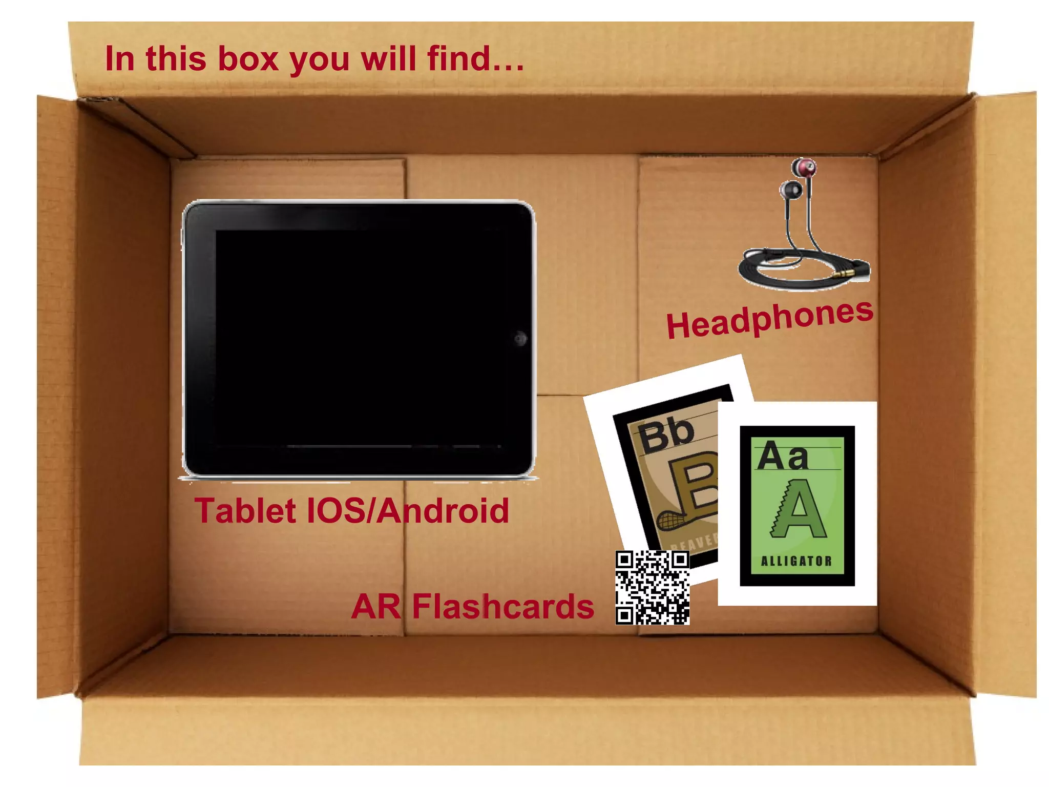 In this box you will find…

s
Headphone

Tablet IOS/Android
AR Flashcards

 