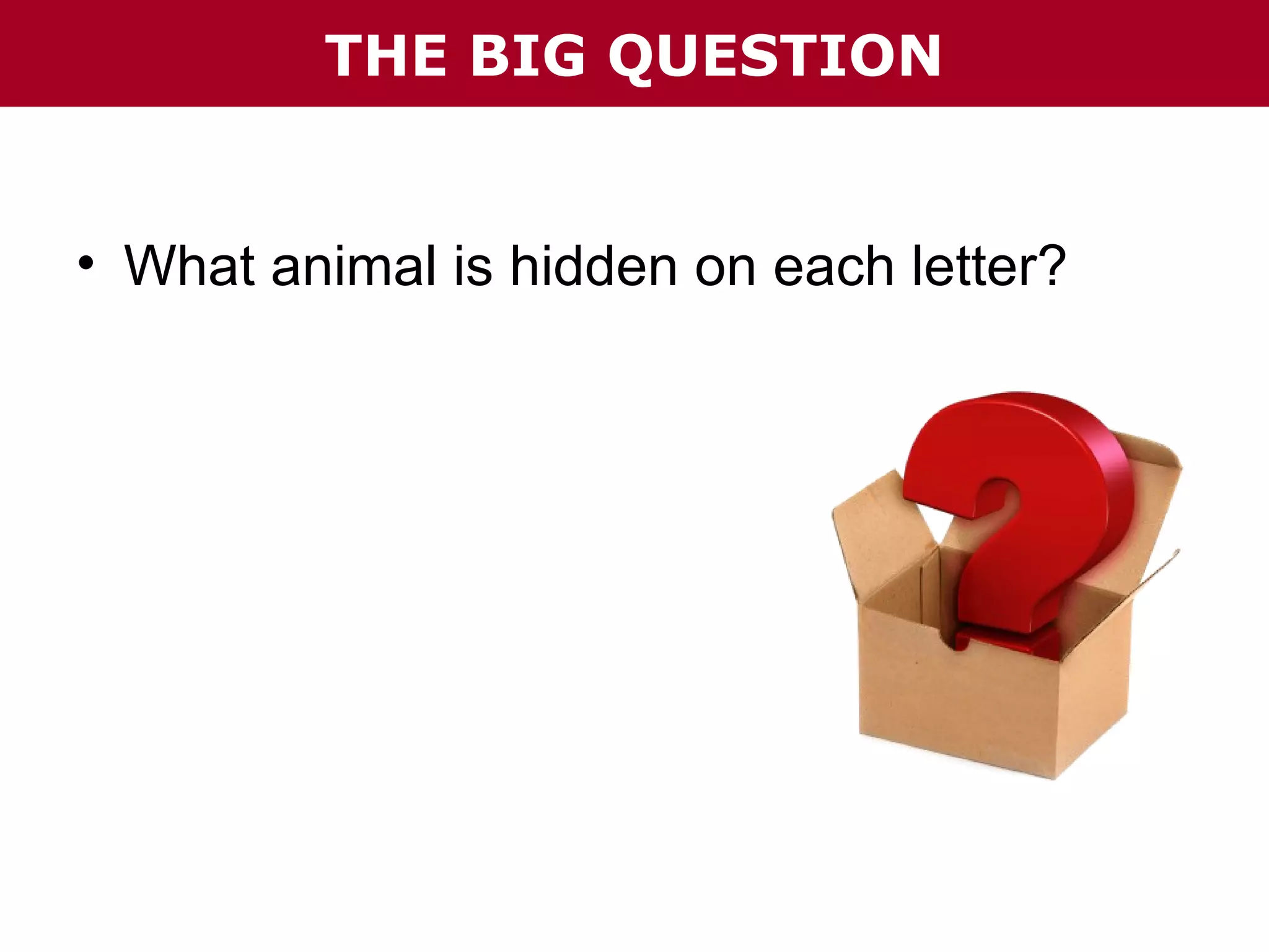 THE BIG QUESTION

• What animal is hidden on each letter?

 