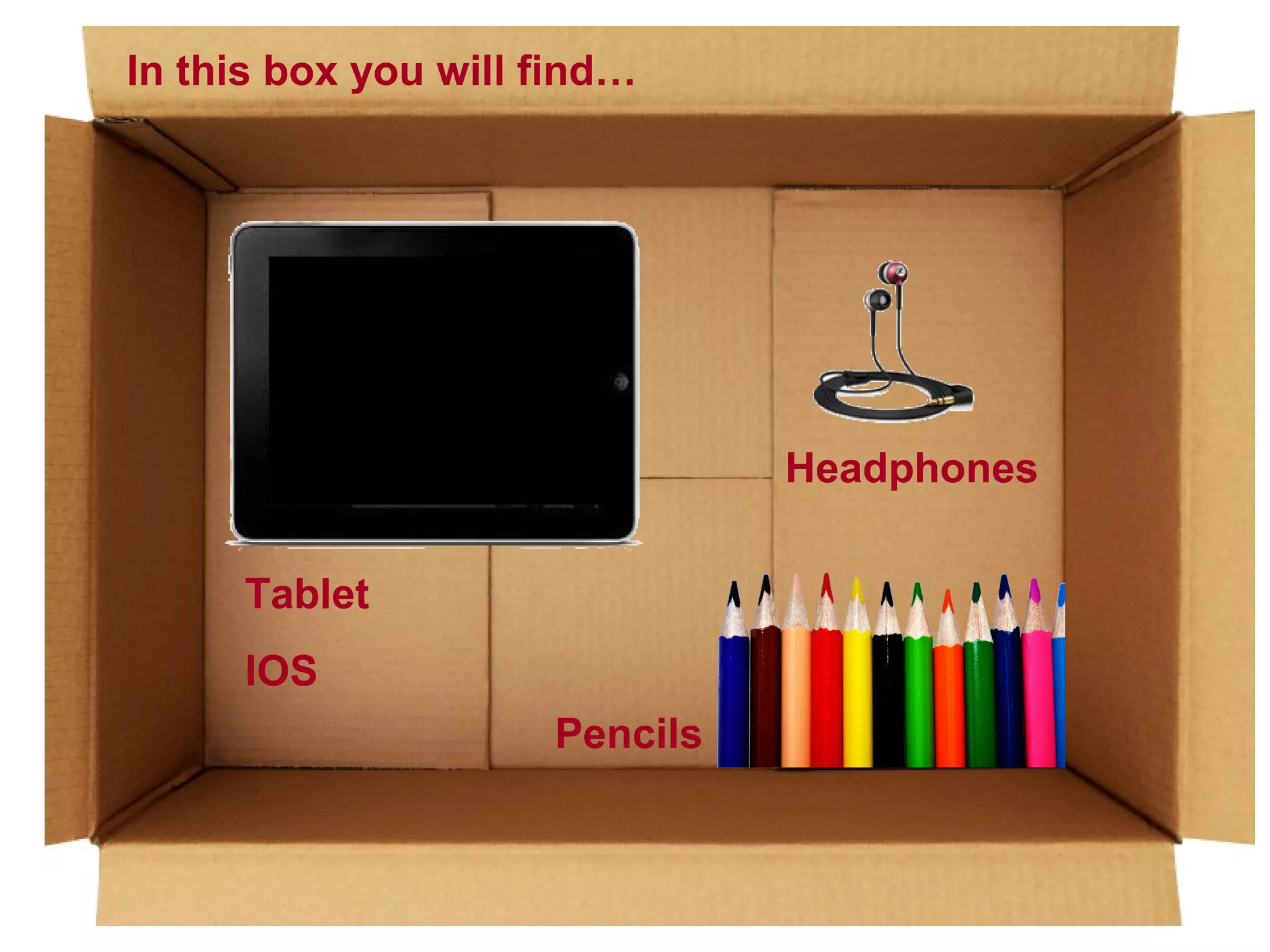 In this box you will find…

Headphones
Tablet
IOS
Pencils

 