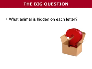 THE BIG QUESTION

• What animal is hidden on each letter?

 