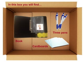 In this box you will find…

Three pens
Book
Cardboards

 