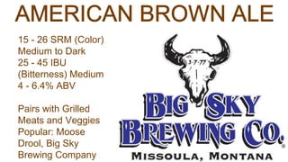 15 - 26 SRM (Color)
Medium to Dark
25 - 45 IBU
(Bitterness) Medium
4 - 6.4% ABV
Pairs with Grilled
Meats and Veggies
Popular: Moose
Drool, Big Sky
Brewing Company
 