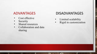 ADVANTAGES DISADVANTAGES
• Limited scalability
• Rigid in customization
• Cost effective
• Security
• Shared resources
• Collaboration and data
sharing
 