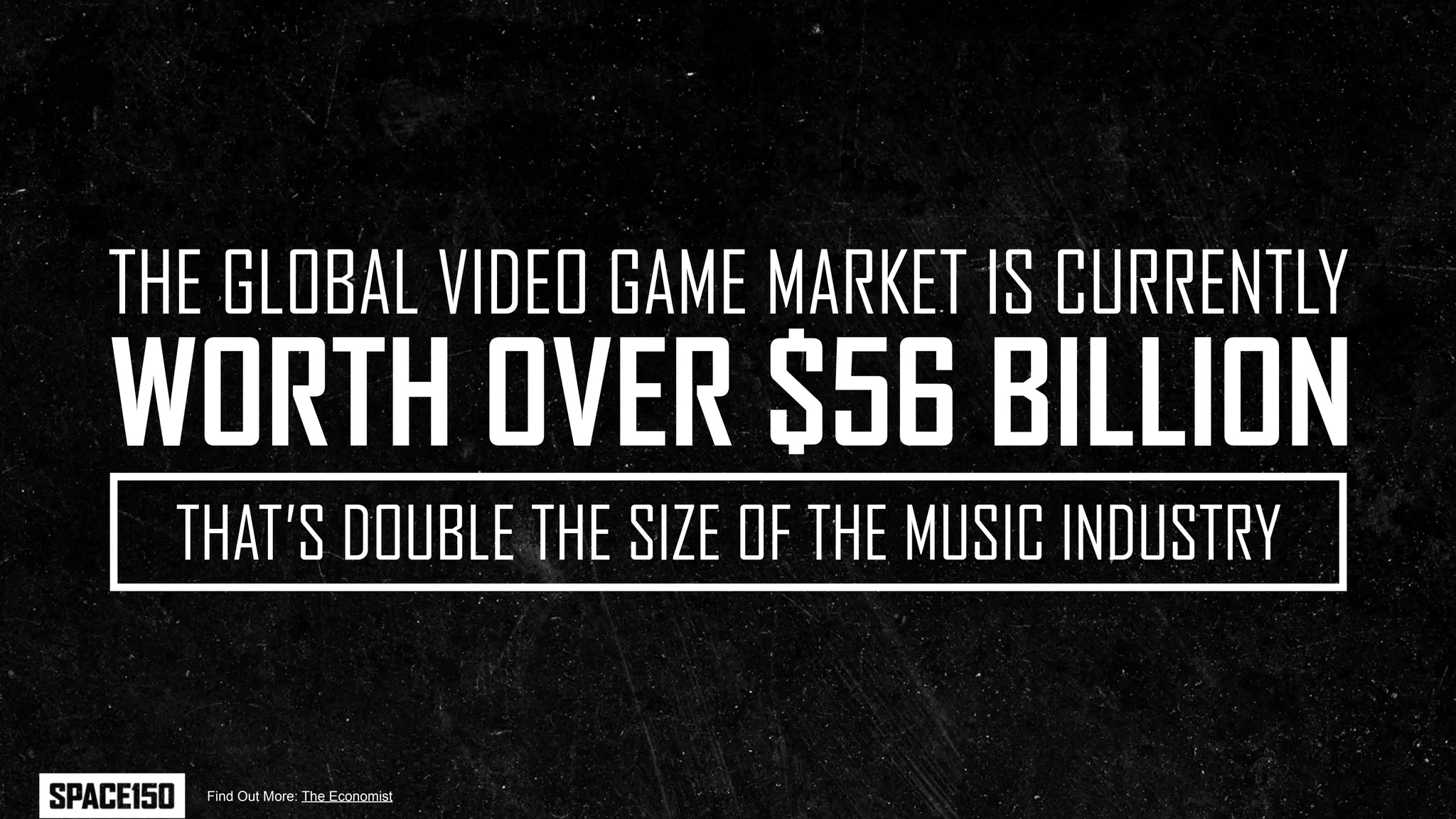 THE GLOBAL VIDEO GAME MARKET IS CURRENTLY
WORTH OVER $56 BILLION
  THAT’S DOUBLE THE SIZE OF THE MUSIC INDUSTRY


   Find Out More: The Economist
 