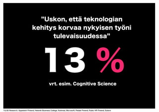 13 %
Uskon, että teknologian
kehitys korvaa nykyisen työni
tulevaisuudessa
vrt. esim. Cognitive Science
15/30 Research, Ap...