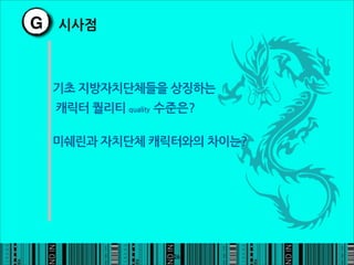 G 시사점


 기초지방자치단체들을상징하는
 캐릭터퀄리티quality수준은?

 미쉐린과자치단체캐릭터와의차이는?




                                          26
 