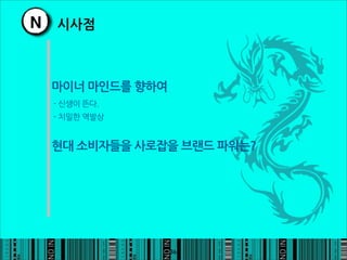 N 시사점


 마이너마인드를향하여
 -신생이뜬다.
 -치밀한역발상


 현대소비자들을사로잡을브랜드파워는?




                                   36
 