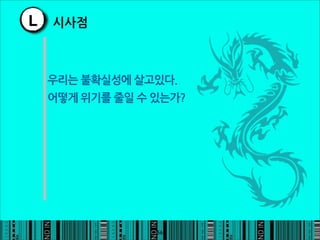 L    시사점



    우리는불확실성에살고있다.
    어떻게위기를줄일수있는가?




                                       56
 