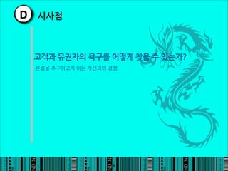 D 시사점


 고객과유권자의욕구를어떻게찾을수있는가?
 본질을추구하고자하는자신과의경쟁




                                                     8
 