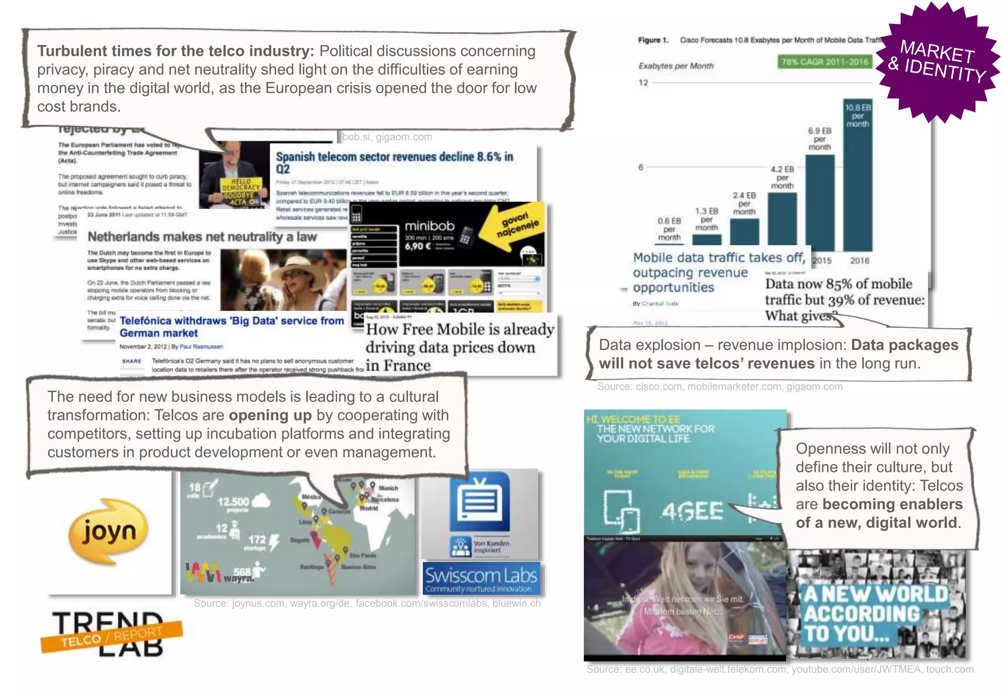 Trendlab Telco Report 2012 9
Source: bbc.co.uk, telecompaper.com,
bob.si, gigaom.com
Source: joynus.com, wayra.org/de, facebook.com/swisscomlabs, bluewin.ch
Source: cisco.com, mobilemarketer.com, gigaom.com
Source: ee.co.uk, digitale-welt.telekom.com, youtube.com/user/JWTMEA, touch.com
Data explosion – revenue implosion: Data packages
will not save telcos’ revenues in the long run.
The need for new business models is leading to a cultural
transformation: Telcos are opening up by cooperating with
competitors, setting up incubation platforms and integrating
customers in product development or even management. Openness will not only
define their culture, but
also their identity: Telcos
are becoming enablers
of a new, digital world.
Turbulent times for the telco industry: Political discussions concerning
privacy, piracy and net neutrality shed light on the difficulties of earning
money in the digital world, as the European crisis opened the door for low
cost brands.
 