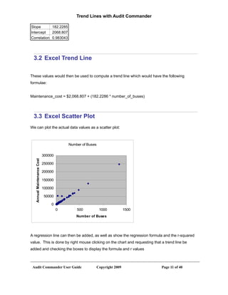 Trend Lines with Audit Commander

Slope       182.2285
Intercept   2068.807
Correlation 0.983043




 3.2 Excel Trend Line

These values would then be used to compute a trend line which would have the following
formulae:


Maintenance_cost = $2,068.807 + (182.2286 * number_of_buses)




 3.3 Excel Scatter Plot
We can plot the actual data values as a scatter plot:



                                          Number of Buses


                             300000
   Annual Maintenance Cost




                             250000

                             200000

                             150000

                             100000

                             50000

                                 0
                                      0       500            1000            1500
                                              Number of Buses




A regression line can then be added, as well as show the regression formula and the r-squared
value. This is done by right mouse clicking on the chart and requesting that a trend line be
added and checking the boxes to display the formula and r values



 Audit Commander User Guide                                 Copyright 2009          Page 11 of 40
 