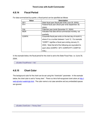 Trend Lines with Audit Commander


4.8.14          Fiscal Period

For data summarized by quarter, a fiscal period can be specified as follows
                       Value                                      Description
               SFY                        State fiscal year (fiscal year ends June 30, 20XX)
               FFY                        Federal fiscal year (fiscal year ends September 30,
                                          20XX)
               CAL                        Calendar year (ends December 31, 20XX)
               MON                        Indicates that data will be summarized monthly, not
                                          quarterly
               CORPX                      Corporate fiscal year ends on the last day of month X,
                                          where X is a number between 1 and 12. For example
                                          “CORP1” signifies a fiscal year ending January 31,
                                          20XX. Note that all of the following are equivalent to
                                          each other (CORP6 = SFY, CORP9=FFY, CORP19=
                                          CAL).

In the example below, the fiscal period for the chart is set to the State Fiscal Year, i.e. Uune 30,
20XX.

    oScatter.FiscalPeriod = "sfy"




4.8.15          Chart Color

The background color for the chart can be set using the “chartcolor” parameter. In the example
below, the chart color is set to “honey dew”. There is a list of all recognized chart colors at http://
web.njit.edu/~walsh/rgb.html. The color name is not case sensitive and any embedded spaces
are ignored.




    oScatter.ChartColor = "Honey Dew"
 