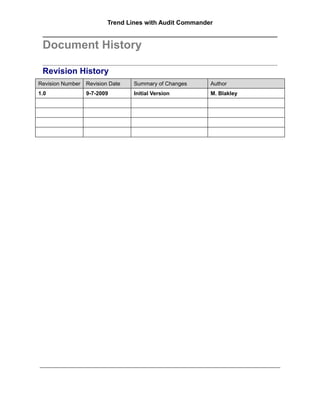 Trend Lines with Audit Commander


 Document History

 Revision History
Revision Number   Revision Date   Summary of Changes     Author
1.0               9-7-2009        Initial Version        M. Blakley
 