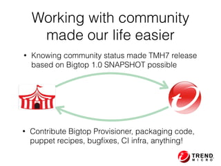 Working with community
made our life easier
• Contribute Bigtop Provisioner, packaging code,
puppet recipes, bugﬁxes, CI infra, anything!
• Knowing community status made TMH7 release  
based on Bigtop 1.0 SNAPSHOT possible
 