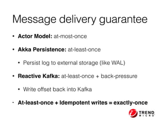 Message delivery guarantee
• Actor Model: at-most-once
• Akka Persistence: at-least-once
• Persist log to external storage (like WAL)
• Reactive Kafka: at-least-once + back-pressure
• Write offset back into Kafka
• At-least-once + Idempotent writes = exactly-once
 