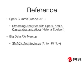 Reference
• Spark Summit Europe 2015
• Streaming Analytics with Spark, Kafka,
Cassandra, and Akka (Helena Edelson)
• Big Data AW Meetup
• SMACK Architectures (Anton Kirillov)
 