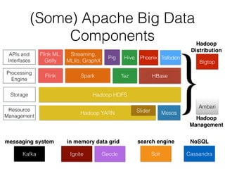 Pig
Hadoop YARN
Hadoop HDFS
Resource
Management
Storage
Processing
Engine
(Some) Apache Big Data
Components
Slider
Flink Spark
Flink ML,
Gelly
Streaming,
MLlib, GraphX
Kafka
HBase
Mesos
Tez
Hive Phoenix
Ignite
APIs and 
Interfases
Geode
Trafodion
Solr
}
messaging system in memory data grid search engine
Bigtop
Ambari
Hadoop 
Distribution
Hadoop 
Management
Cassandra
NoSQL
 