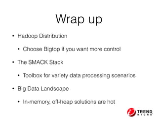 • Hadoop Distribution
• Choose Bigtop if you want more control
• The SMACK Stack
• Toolbox for variety data processing scenarios
• Big Data Landscape
• In-memory, off-heap solutions are hot
Wrap up
 
