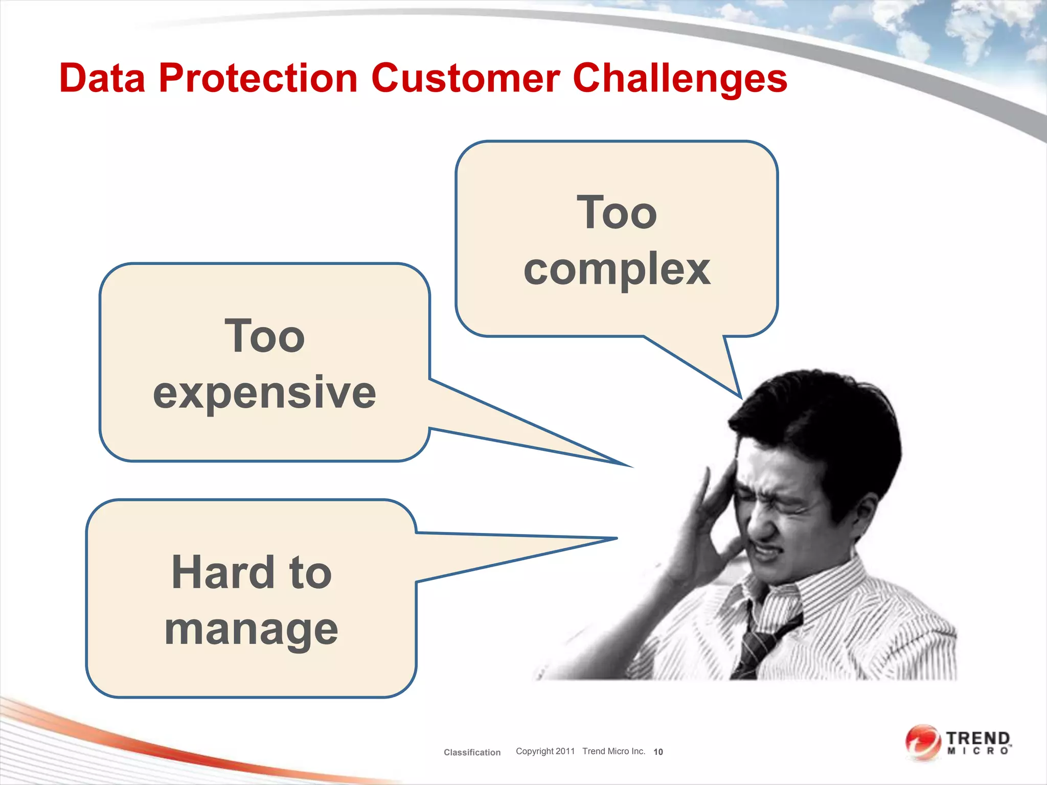Data Protection Customer Challenges


                                      Too
                                    complex
       Too
    expensive


     Hard to
     manage

                  Classification   Copyright 2011 Trend Micro Inc. 10
 