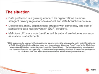 The situation
• Data protection is a growing concern for organizations as more
  stringent privacy regulations take effect and data breaches continue.
• Despite this, many organizations struggle with complexity and cost of
  standalone data loss prevention (DLP) solutions.
• Malicious URLs are now the #1 email threat and are twice as common
  as malicious attachments.

“2011 has been the year of phishing attacks, as proven by the high-profile entry point for attacks
  at RSA, Oak Ridge National Laboratory and International Monetary Fund,” said John Maddison,
    executive GM of data center business unit for Trend Micro. “Targeted phishing emails often
  don’t resemble spam and typically contain social engineering that entice an unsuspecting user
            to click on a link to a website where malware will be silently downloaded.”




                                              Copyright 2011 Trend Micro Inc.
 