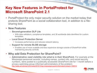 Key New Features in PortalProtect for
Microsoft SharePoint 2.1
• PortalProtect the only major security solution on the market today that
  protects SharePoint as a social collaboration tool, in addition to a file-
  sharing tool.
• New Features
   – Second-generation DLP Lite
      • With data validators, compliance templates, and 36 worldwide data identifiers for custom
        templates.
   – Local Smart Protection Server
      • Increases performance and reduces network latency
   – Support for remote BLOB storage
      • Enables use of more scalable and less expensive storage outside of SharePoint while
        maintaining security controls

• Why add Data Protection for SharePoint?
   – Administrative need visibility into what is in their SharePoint. For example at the
     Mississippi personnel records, including names, contact info, and social security
     numbers, were posted to a publically accessible SharePoint site for 1 month before a
     privacy watchdog group informed administrators of the problem:
     http://www.armytimes.com/news/2010/10/ap-mississippi-guard-information-breach-100810/

                                                   Copyright 2011 Trend Micro Inc.
 