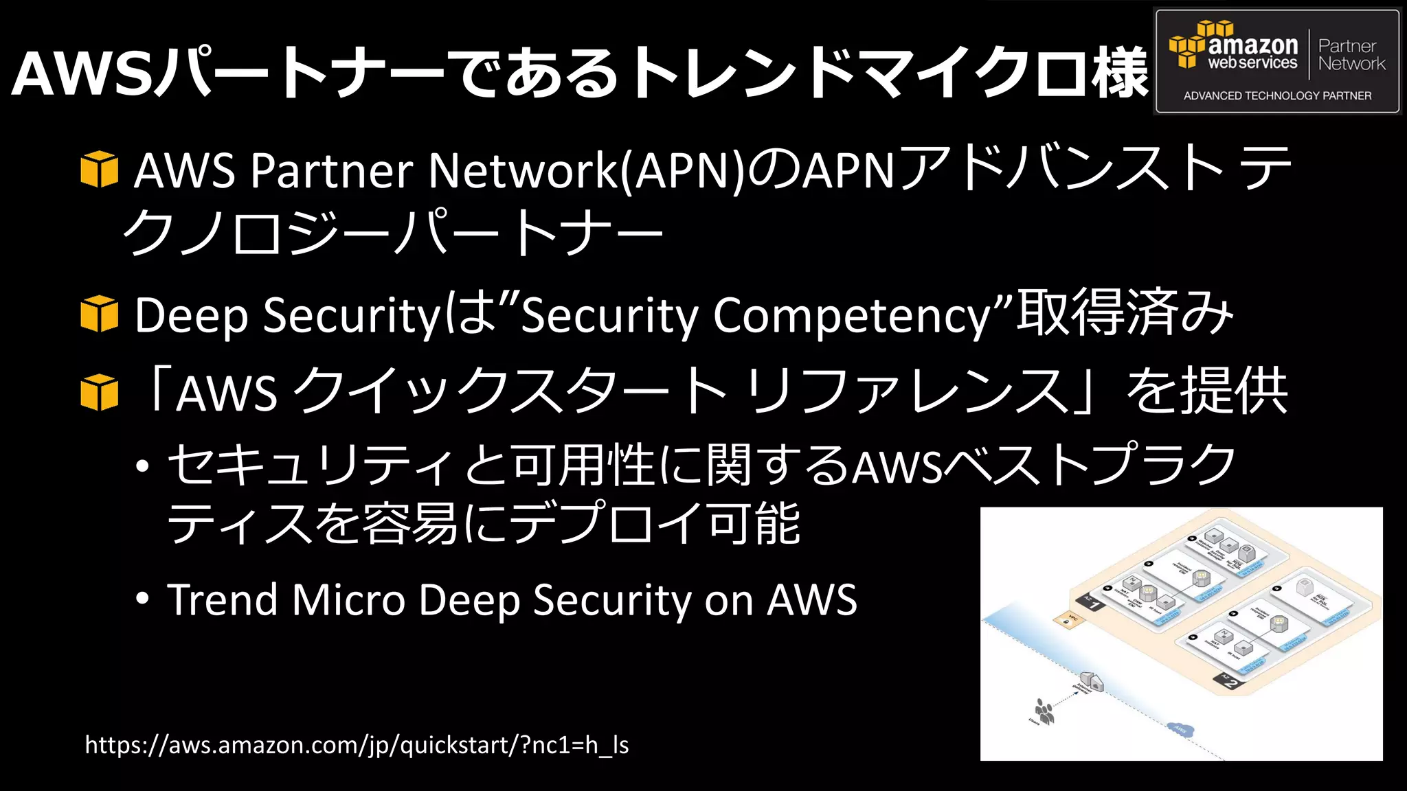 AWSパートナーであるトレンドマイクロ様
https://aws.amazon.com/jp/quickstart/?nc1=h_ls
AWS Partner Network(APN)のAPNアドバンスト テ
クノロジーパートナー
Deep Securityは”Security Competency”取得済み
「AWS クイックスタート リファレンス」を提供
• セキュリティと可用性に関するAWSベストプラク
ティスを容易にデプロイ可能
• Trend Micro Deep Security on AWS
 