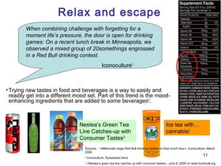 Relax and escape
        When combining challenge with forgetting for a
        moment life’s pressure, the door is open for drinking
        games: On a recent lunch break in Minneapolis, we
        observed a mixed group of 20somethings engrossed
        in a Red Bull drinking contest.
                                                Iconoculture1



• Trying new tastes in food and beverages is a way to easily and
  readily get into a different mood set. Part of this trend is the mood-
  enhancing ingredients that are added to some beverages2.



                                Nestea’s Green Tea                                            Ice tea with…
                                Line Catches-up with                                          cannabis!
                                Consumer Tastes3
                                  Sources: 1 «Millennials stage Red Bull drinking contest on their lunch hour», Iconoculture, March
                                  2006
                                                                                                                          11
                                  2
                                      Iconoculture, Synestesia trend
                                  3
                                      «Nestea’s green tea line catches up with consumer tastes», June 8, 2006 on www.foodmall.org
 