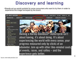 Discovery and learning
      • Brands act as social symbols for some consumers who want to try them in order to
        experience the image conveyed by the brand.




                                                                                           9
Source: www.harley-davidson.com
 