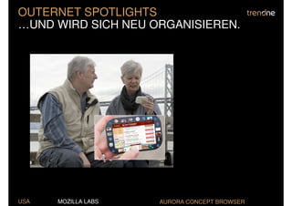 OUTERNET SPOTLIGHTS
…UND WIRD SICH NEU ORGANISIEREN.




USA   MOZILLA LABS   AURORA CONCEPT BROWSER
 