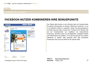 SPECIAL FACEBOOK TRENDREPORT MÄRZ 2012




INHALT

FACEBOOK CHARITY


FACEBOOK-NUTZER KOMBINIEREN IHRE BONUSPUNKTE
                                                     Die Citibank lässt Kunden in den USA jetzt über ihre Facebook-Seite
%TAB-AKTIV%                                          die eigenen Bonuspunkte mit anderen Teilnehmern verbinden, um so
                                                     in ein größeres Projekt zu investieren. Nutzer des Bonusprogramms
                                                     der Bank besuchen dafür zunächst den "Thankyou Point Sharing"-Tab
                                                     auf der Facebook-Seite und installieren die entsprechende
                                                     Anwendung. Daraufhin haben sie die Möglichkeit, wohltätige Projekte
                                                     samt Beschreibung einzustellen, um für die Bonuspunkte der anderen
                                                     Teilnehmer zu werben. Dies geschieht dann über persönliche
                                                     Einladungen oder durch das Teilen auf der eigenen Seite.




                                                     QUELLE:      https://www.facebook.com
Trendexplorer Send A Trend PPT Export                INITIATOR:   Citibank, USA                                      11
 