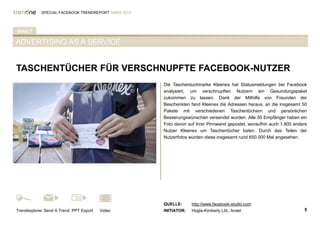SPECIAL FACEBOOK TRENDREPORT MÄRZ 2012




INHALT

ADVERTISING AS A SERVICE


TASCHENTÜCHER FÜR VERSCHNUPFTE FACEBOOK-NUTZER
                                                     Die Taschentuchmarke Kleenex hat Statusmeldungen bei Facebook
%TAB-AKTIV%                                          analysiert, um verschnupften Nutzern ein Gesundungspaket
                                                     zukommen zu lassen. Dank der Mithilfe von Freunden der
                                                     Beschenkten fand Kleenex die Adressen heraus, an die insgesamt 50
                                                     Pakete mit verschiedenen Taschentüchern und persönlichen
                                                     Besserungswünschen versendet wurden. Alle 50 Empfänger haben ein
                                                     Foto davon auf ihrer Pinnwand gepostet, woraufhin auch 1.800 andere
                                                     Nutzer Kleenex um Taschentücher baten. Durch das Teilen der
                                                     Nutzerfotos wurden diese insgesamt rund 650.000 Mal angesehen.




                                                     QUELLE:      http://www.facebook-studio.com
Trendexplorer Send A Trend PPT Export   Video        INITIATOR:   Hogla-Kimberly Ltd., Israel                         5
 