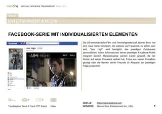 SPECIAL FACEBOOK TRENDREPORT MÄRZ 2012




INHALT

ENTERTAINMENT & MEDIA


FACEBOOK-SERIE MIT INDIVIDUALISIERTEN ELEMENTEN
                                                     Die US-amerikanische Film- und Fernsehgesellschaft Warner Bros. hat
%TAB-AKTIV%                                          eine neue Serie konzipiert, die exklusiv auf Facebook zu sehen sein
                                                     wird. "Aim High" wird bezüglich des jeweiligen Zuschauers
                                                     personalisiert, indem Informationen seines jeweiligen Facebook-Profils
                                                     integriert werden. Beispielsweise werden Lieder gespielt, die der
                                                     Nutzer auf seiner Pinnwand verlinkt hat, Fotos aus seinen Fotoalben
                                                     gezeigt oder die Namen seiner Freunde im Abspann der jeweiligen
                                                     Folge präsentiert.




                                                     QUELLE:      https://www.facebook.com
Trendexplorer Send A Trend PPT Export   Video        INITIATOR:   Warner Bros. Entertainment Inc., USA                   8
 