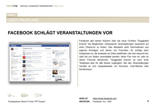 SPECIAL FACEBOOK TRENDREPORT MÄRZ 2012




INHALT

USER PROFILING


FACEBOOK SCHLÄGT VERANSTALTUNGEN VOR
                                                     Facebook gibt seinen Nutzern über die neue Funktion "Suggested
                                                     Events" die Möglichkeit, interessante Veranstaltungen basierend auf
                                                     ihren Check-ins zu finden. Das Netzwerk zieht Informationen aus
                                                     eigenen Einträgen und denen von Freunden. Es schlägt dann
                                                     Ereignisse vor, die entweder an Orten stattfinden, die man besucht hat,
                                                     oder die von Seiten veranstaltet werden, deren Fan man ist, oder an
                                                     denen Freunde teilnehmen. "Suggested Events" ist nach einer
                                                     Testphase jetzt für alle Nutzer zugänglich. Bei den Veranstaltungen
                                                     handelt es sich beispielsweise um Konzerte, Club-Nächte oder
                                                     Konferenzen.




                                                     QUELLE:      https://www.facebook.com
Trendexplorer Send A Trend PPT Export                INITIATOR:   Facebook Inc., USA                                      9
 