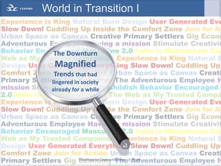 World in Transition I
Experience is King Natural Born Design User Generated Eve
Slow Down! Cuddling Up Inside the Comfort Zone Join for Ac
Urban Space as Canvas Creative Primary Settlers Gig Econo
Adventurous Employee Having a mission Stimulate Creativit
Behavior Encouraged Masculine 2.0 India is Mainstream Coo
                The Downturn
Web as My Trusted Companion Experience is King Natural B
                 Magnified
Design User Generated Everything Slow Down! Cuddling Up
Comfort Zone Join for Action Urban Space as Canvas Creati
                Trends that had
Primary Settlers Gig Economy The Adventurous Employee H
               lingered in society
mission Stimulate Creativity Childish Behavior Encouraged M
              already for a while
2.0 India is Mainstream Cool The Web as My Trusted Compa
Experience is King Natural Born Design User Generated Eve
Slow Down! Cuddling Up Inside the Comfort Zone Join for Ac
Urban Space as Canvas Creative Primary Settlers Gig Econo
Adventurous Employee Having a mission Stimulate Creativit
Behavior Encouraged Masculine 2.0 India is Mainstream Coo
Web as My Trusted Companion Experience is King Natural B
Design User Generated Everything Slow Down! Cuddling Up
Comfort Zone Join for Action Urban Space as Canvas Creati
Primary Settlers Gig EconomyIndustries ©Adventurous Employee H
                          TrendPulse for Creative
                                                  The Finpro
                                                      13
 