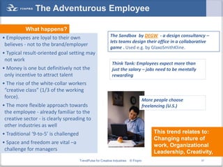 The Adventurous Employee

           What happens?
• Employees are loyal to their own                           The Sandbox by DEGW - a design consultancy –
                                                             lets teams design their office in a collaborative
 believes - not to the brand/employer
                                                             game . Used e.g. by GlaxoSmithKline.
• Typical result-oriented goal setting may
 not work
                                                              Think Tank: Employees expect more than
• Money is one but definitively not the                       just the salary – jobs need to be mentally
 only incentive to attract talent                             rewarding
• The rise of the white-collar workers
 “creative class” (1/3 of the working
 force).
                                                                                       More people choose
• The more flexible approach towards                                                   freelancing (U.S.)
 the employee - already familiar to the
 creative sector - is clearly spreading to
 other industries as well
• Traditional ‘9-to-5’ is challenged                                                        This trend relates to:
                                                                                            Changing nature of
• Space and freedom are vital –a
                                                                                            work, Organizational
 challenge for managers
                                                                                            Leadership, Creativity,
                                       TrendPulse for Creative Industries   © Finpro                          37
 