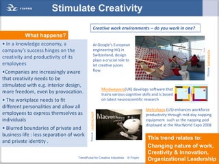 Stimulate Creativity
                                                              Creative work environments – do you work in one?
          What happens?
• In a knowledge economy, a                                   At Google‘s European
company’s success hinges on the                               engineering HQ in




                                                                                                                                    Picture: Andrewarchy
                                                              Switzerland, design
creativity and productivity of its
                                                              plays a crucial role to
employees                                                     let creative juices
•Companies are increasingly aware                             flow
that creativity needs to be
stimulated with e.g. interior design,
                                                                        Mindweavers(UK) develops software that
more freedom, even by provocation.                                      trains various cognitive skills and is based
• The workplace needs to fit                                            on latest neuroscientific research
different personalities and allow all
                                                                                                   MetroNaps (US) enhances workforce
employees to express themselves as
                                              Picture: Laughing Squid




                                                                                                   productivity through mid-day napping
individuals                                                                                        equipment such as the napping pod
                                                                                                   displayed at the MacWorld Expo 2008
• Blurred boundaries of private and
business life : less separation of work
                                                                                                    This trend relates to:
and private identity .
                                                                                                    Changing nature of work,
                                                                                                    Creativity & Innovation,
                                     TrendPulse for Creative Industries                © Finpro
                                                                                                    Organizational Leadership
 