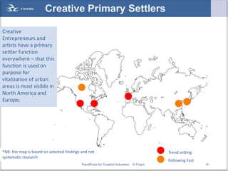Creative Primary Settlers

Creative
Entrepreneurs and
artists have a primary
settler function
everywhere – that this
function is used on
purpose for
vitalization of urban
areas is most visible in
North America and
Europe.




*NB: the map is based on selected findings and not                                        Trend setting
systematic research
                                                                                          Following Fast
                                          TrendPulse for Creative Industries   © Finpro                    54
 