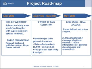 Project Road-map

April 2009                    April 15th – May 27th                            May 2009

  KICK-OFF WORKSHOP                   6 WEEKS OF DATA                             DESK STUDY – FINAL
  Spheres and study areas               COLLECTION                                     ANALYSIS
  are defined together
                                                                              Trends defined and put on
  with Cupore (see chart                                                      a report.
  Spheres to Watch).

                              • Global Finpro team                            CLOSING WORKSHOP
   FINPRO PREPARATIONS        gathers information.                            Coverage of spheres
  Research tools and                                                          outlined - Finpro
                              • Data collection starts                        interpretation of gathered
  guidelines set-up, Finpro
  team’s kick-off.            15.4.09 – ends 27.5.09                          data discussed and
                              • First phase of desk study                     summarized.
                              & analysis.




                              TrendPulse for Creative Industries   © Finpro                         9
 