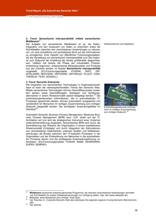 Trend Report „Die Zukunft des Semantic Web“




2. Trend: Semantische Interoperabilität mittels semantischer
             27
Middleware
Die Aufgabe von semantischer Middleware ist es, die Daten-                      Datenaustausch und Integration.
Integration und den Austausch von Daten zu erleichtern sowie die
Schnittstellen zwischen den verschiedenen Anwendungen zu reduzie-
ren, um eine einheitliche und zentralisierte Sicht auf die Informationen
zu ermöglichen. Eine Vielzahl von öffentlichen Forschungsprojekten,
die die Herstellung von semantischer Interoperabilität zum Ziel hatten,
ist zum Zeitpunkt der Erstellung der Studie größtenteils abgeschlos-
sen. Vielfach hat bereits die Phase der industriellen Produkt-
entwicklung begonnen, entsprechende Beispielprojekte und Produkte
aus der Industrie werden im Kapitel Semantische Interoperabilität
vorgestellt.    (EU-Forschungsprojekte:     ATHENA,       SEKT,      DIP,
INTELIGRID, NEXTGRID, ONTOGRID, ONTORULE, PLUGIT, COIN,
THESEUS: TEXO, SOA4ALL)

3. Trend: Semantic Enterprise
Die Integration von semantischen Technologien in Organisationssoft-
ware ist einer der vielversprechendsten Trends des Semantic Web.
Mittels semantischer Technologien können Geschäftsprozesse model-
liert werden sowie Geschäftsregeln, Strategien und Handlungs-
                                                               29
alternativen in einem Wissensmodell explizit festgelegt werden. Die
entscheidungsrelevanten Informationen, die in automatisierten IT-
Prozessen gesammelt werden, können automatisch ausgewertet und
verständlich für Menschen im richtigen Zusammenhang zum richtigen
Zeitpunkt dargestellt werden. Die wichtigsten Anwendungsfelder im               Entscheidungsrelevante Informati-
          30
Überblick :                                                                     onen im richtigen Zusammenhang
                                                                                zum richtigen Zeitpunkt .28
Automated Semantic Business Process Management: Modernes Busi-
ness Process Management (BPM) baut i.d.R. direkt auf der IT-
Architektur auf und wird als strategisches Instrument einer moderner
Unternehmensführung eingesetzt. Semantisches BPM wird durch die
Zentralisierung des Wissens der Organisation in einem erweiterbaren
Wissensmodell (Ontologie) und durch Integration der Informationen
aus verschiedenen Datenbanken, externen Quellen und Softwarean-
wendungen als Brücke zwischen den IT-basierten Prozessen in der
Organisation und der Einbeziehung von Menschen in die automatisier-
ten Prozesse dienen und die strategische Entscheidungsfindung un-
terstützen. (EU-Forschungsprojekte: FUSION, INAMI, ASISKNOWN,
SUPER, SEMPRO)




27
     Middleware bezeichnet anwendungsneutrale Programme, die zwischen verschiedenen Anwendungen vermitteln
     und Schnittstellen für andere Softwareanwendungen zur Verfügung stellen. (Vgl. http://www.wikipedia.de).
28
     Bildquelle: www.iStockphoto.com Urheber: Andy Dean.
29
     Vgl. Paschke, A.: Corporate Semantic Web also addresses the pragmatic aspects of using Semantic Web technolo-
     gies.
30
     Vgl. ebenda.

                                                                                                                  36
 