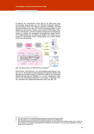Trend Report „Die Zukunft des Semantic Web“




Im Bereich der semantischen Suche gibt es von IBM schon erste
                                                                     59
kommerzielle Anwendungen wie z.B. OmniFind Enterprise Edition ,
die semantische Suche und Analyse-Funktionen kombiniert, oder IBM
OmniFind Analytics (vgl. Abb. 29). OmniFind Enterprise Edition ist eine
Software für die Suche im Internet, web-basiertem CRM, Blogs, Wikis,
Foren und Fileserver. OmniFind Analytics verfügt über ein Navigations-
fenster zur Analyse der wichtigsten Suchergebnisse mittels dynami-
scher Balkendiagramme und bietet eine Plattform zum Aufbau von Lö-
sungen für semantische Suche, Inhaltsanalyse und visuelle Darstel-
lung in über 60 Sprachen.




                                                        60
Abb. 29: Demoversion von IBM OmniFind Analytics

Semantische Suchfunktionen und Schlussfolgerungsfunktionen wer-
den auch in Stammdatenverwaltungssysteme (Enterprise Master Data
Management bei IBM) integriert. Zurzeit forscht IBM an einer Semantic
Master Data Management (SMDM), d.h. an einer webbasierten Platt-
                                    61
form für die Stammdatenverwaltung von Kunden, Lieferanten, Kon-
ten, Produkten oder Organisationseinheiten-Daten (vgl. Abb. 30).




59
     Vgl. http://www-01.ibm.com/software/data/enterprise-search/omnifind-enterprise/.
60
     Vgl. http://www.ibm.com/developerworks/data/library/techarticle/dm-0804nicola/.
61
     Stammdatenverwaltung bezeichnet die zentrale Verwaltung von Stammdaten oder Referenzdaten (engl. master da-
     ta), um system- und anwendungsübergreifende Konsistenz sicherzustellen. (Vgl. http://www.wikipedia.de, Eintrag
     Master Data Management).

                                                                                                                59
 