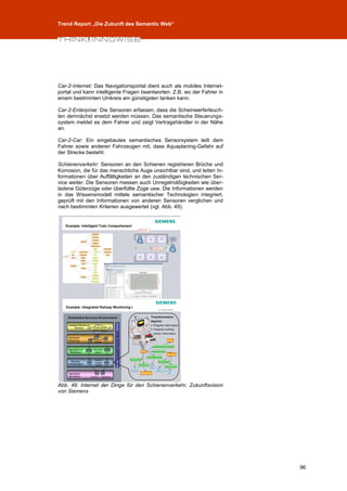 Trend Report „Die Zukunft des Semantic Web“




Car-2-Internet: Das Navigationsportal dient auch als mobiles Internet-
portal und kann intelligente Fragen beantworten. Z.B. wo der Fahrer in
einem bestimmten Umkreis am günstigsten tanken kann.

Car-2-Enterprise: Die Sensoren erfassen, dass die Scheinwerferleuch-
ten demnächst ersetzt werden müssen. Das semantische Steuerungs-
system meldet es dem Fahrer und zeigt Vertragshändler in der Nähe
an.

Car-2-Car: Ein eingebautes semantisches Sensorsystem teilt dem
Fahrer sowie anderen Fahrzeugen mit, dass Aquaplaning-Gefahr auf
der Strecke besteht.

Schienenverkehr: Sensoren an den Schienen registrieren Brüche und
Korrosion, die für das menschliche Auge unsichtbar sind, und leiten In-
formationen über Auffälligkeiten an den zuständigen technischen Ser-
vice weiter. Die Sensoren messen auch Unregelmäßigkeiten wie über-
ladene Güterzüge oder überfüllte Züge usw. Die Informationen werden
in das Wissensmodell mittels semantischer Technologien integriert,
geprüft mit den Informationen von anderen Sensoren verglichen und
nach bestimmten Kriterien ausgewertet (vgl. Abb. 49).




Abb. 49: Internet der Dinge für den Schienenverkehr, Zukunftsvision
von Siemens




                                                                          96
 