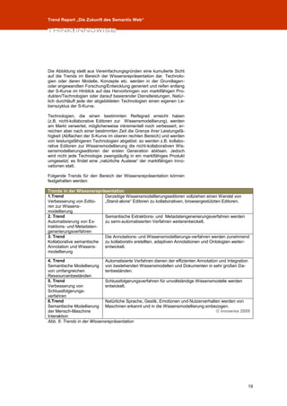 Trend Report „Die Zukunft des Semantic Web“




Die Abbildung stellt aus Vereinfachungsgründen eine kumulierte Sicht
auf die Trends im Bereich der Wissensrepräsentation dar. Technolo-
gien oder deren Modelle, Konzepte etc. werden in der Grundlagen-
oder angewandten Forschung/Entwicklung generiert und reifen entlang
der S-Kurve im Hinblick auf das Hervorbringen von marktfähigen Pro-
dukten/Technologien oder darauf basierender Dienstleistungen. Natür-
lich durchläuft jede der abgebildeten Technologien einen eigenen Le-
benszyklus der S-Kurve.

Technologien, die einen bestimmten Reifegrad erreicht haben
(z.B. nicht-kollaborative Editoren zur Wissensmodellierung), werden
am Markt verwertet, möglicherweise inkrementell noch verbessert, er-
reichen aber nach einer bestimmten Zeit die Grenze ihrer Leistungsfä-
higkeit (Abflachen der S-Kurve im oberen rechten Bereich) und werden
von leistungsfähigeren Technologien abgelöst: so werden z.B. kollabo-
rative Editoren zur Wissensmodellierung die nicht-kollaborativen Wis-
sensmodellierungseditoren der ersten Generation ablösen. Jedoch
wird nicht jede Technologie zwangsläufig in ein marktfähiges Produkt
umgesetzt; es findet eine „natürliche Auslese“ der marktfähigen Inno-
vationen statt.

Folgende Trends für den Bereich der Wissensrepräsentation können
festgehalten werden:

Trends in der Wissensrepräsentation
1.Trend                   Derzeitige Wissensmodellierungseditoren vollziehen einen Wandel von
Verbesserung von Edito-   „Stand-alone“ Editoren zu kollaborativen, browsergestützten Editoren.
ren zur Wissens-
modellierung
2. Trend                  Semantische Extraktions- und Metadatengenerierungsverfahren werden
Automatisierung von Ex-   zu semi-automatisierten Verfahren weiterentwickelt.
traktions- und Metadaten-
generierungsverfahren
3. Trend                  Die Annotations- und Wissensmodellierungs-verfahren werden zunehmend
Kollaborative semantische zu kollaborativ erstellten, adaptiven Annotationen und Ontologien weiter-
Annotation und Wissens-   entwickelt.
modellierung

4. Trend                     Automatisierte Verfahren dienen der effizienten Annotation und Integration
Semantische Modellierung von bestehenden Wissensmodellen und Dokumenten in sehr großen Da-
von umfangreichen            tenbeständen.
Ressourcenbeständen
5. Trend                     Schlussfolgerungsverfahren für unvollständige Wissensmodelle werden
Verbesserung von             entwickelt.
Schlussfolgerungs-
verfahren
6.Trend                      Natürliche Sprache, Gestik, Emotionen und Nutzerverhalten werden von
Semantische Modellierung Maschinen erkannt und in die Wissensmodellierung einbezogen.
der Mensch-Maschine                                                                   © innowise 2009
Interaktion
Abb. 6: Trends in der Wissensrepräsentation




                                                                                                      19
 