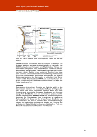 Trend Report „Die Zukunft des Semantic Web“




Abb. 30: SMDM entdeckt neue Produktfeatures, Demo von IBM Re-
search

SMDM verwendet semantische Web-Technologien für Abfragen und
Analysen sowie um vorhandene MDM-Lösungen zu integrieren. Das
SMDM soll zudem den Benutzern eine Möglichkeit zur Abfrage von
Stammdaten ermöglichen, ohne dass technische Kenntnisse von Wis-
sensmodellen oder komplexen Datenbankabfragen (wie SQL) vorhan-
den sein müssen. Darüber hinaus werden die Benutzer in der Lage
sein, basierend auf semantischer Wissensmodellierung und Reasoning
Funktionen Datenanalysen selbstständig vorzunehmen und implizite
Beziehungen zwischen den Stammdaten zu entdecken. In der Demo-
version in Abb. 30 entdeckt das SMDM z.B. neue Beziehungen zwi-
schen Produktkategorien, Materialien und Produzenten und weist den
Nutzer visuell darauf hin.

Ontoprise
Das deutsche Unternehmen Ontoprise aus Karlsruhe gehört zu den
bekanntesten Anbietern von semantischer Software für Organisatio-
nen. Neben dem schon vorgestellten Semantic Media Wiki bietet
Ontoprise eine semantische Middleware Ontobroker, ein Ontologie-
design-Tool OntoStudio sowie ein semantisches prozessunterstüt-
zendes Ratgebersystem Semantic Guide als Wissensmanagement-
Instrument für Organisationen. Das Unternehmen ist strategische
Partnerschaften mit Oracle und Sun für das Produkt OntoBroker und
mit Microsoft für das Produkt Semantic Miner für SharePoint einge-
gangen. Auf diese Weise profitieren die Kunden von Ontoprise von
umfassenden Oracle Datenbankenlösungen, kollaborativen Tools von
Microsoft und semantischem Know-How von Ontoprise.




                                                                     60
 