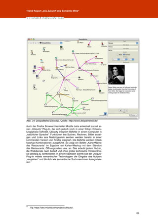 Trend Report „Die Zukunft des Semantic Web“




Abb. 34: DeepaMehta Desktop, Quelle: http://www.deepamehta.de/

Auch der Firefox Browser Hersteller Mozilla Labs entwickelt zurzeit ei-
nen „Ubiquity“ Plug-In, der sich jedoch noch in einer frühen Entwick-
lungsphase befindet. Ubiquity integriert Befehle in einem Computer in
„natürlicher Sprache“. Funktionen wie Suchen, Rechnen, Bilder anzei-
gen und Links ans Mailprogramm senden werden bereits in einer
kommenden Version von Firefox integriert. Die Befehle werden mittels
Mashup-Kombinationen ausgeführt. So zeigt ein Befehl „Karte+Name
des Restaurants“ im Ergebnis ein Karten-Mashup mit dem Standort
des Restaurants, Öffnungszeiten usw. an. Das erlaubt jedem Nutzer,
die Webdienste nach Bedarf und ohne große technische Vorkenntnis-
se beliebig zu kombinieren. In einem nächsten Schritt soll der Ubiquity
Plug-In mittels semantischer Technologien die Eingabe des Nutzers
„verstehen“ und ähnlich wie semantische Suchmaschinen kategorisie-
    71
ren.




71
     Vgl. https://labs.mozilla.com/projects/ubiquity/.

                                                                          69
 