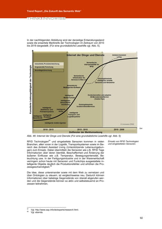Trend Report „Die Zukunft des Semantic Web“




In der nachfolgenden Abbildung sind der derzeitige Entwicklungsstand
sowie die erwartete Marktreife der Technologien im Zeitraum von 2010
bis 2018 dargestellt. (Für eine grundsätzliche Lesehilfe vgl. Abb. 5).




Abb. 46: Internet der Dinge und Dienste (Für eine grundsätzliche Lesehilfe vgl. Abb. 5)
                       91
RFID Technologien und eingebettete Sensoren kommen in vielen               Einsatz von RFID Technologien
Branchen, allen voran in der Logistik, Transportsystemen sowie im Be-      und eingebetteten Sensoren.
reich des Ambient Assisted Living (Unterstützende Lebensumgebun-
gen) zum Einsatz. Dabei übermitteln die Sensoren wie z.B. RFID Tags
Informationen über deren Identität, Beschaffenheit und Änderung der
äußeren Einflusse wie z.B. Temperatur, Bewegungsintensität, Be-
leuchtung usw. In der Fertigungsindustrie und in der Warenwirtschaft
verringern schon heute mit Sensoren und Funkchips ausgestattete in-
telligente Objekte deutlich die Produktionsfehler und erhöhen die Pro-
                     92
zessgeschwindigkeit.

Die Idee, diese untereinander sowie mit dem Web zu vernetzen und
über Ontologien zu steuern, ist vergleichsweise neu. Dadurch können
Informationen über beliebige Gegenstände von überall abgerufen wer-
den und die Gegenstände können so aktiv und selbststeuernd an Pro-
zessen teilnehmen.




91
     Vgl. http://www.sap.info/de/experts/research.html.
92
     Vgl. ebenda.

                                                                                                           92
 