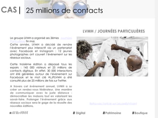 CAS|
Le groupe LVMH a organisé ses 3èmes  Journées
Particulières fin mai.
Cette année, LVMH a décidé de rendre
l’événement plus interactif via un partenariat
avec Facebook et Instagram : 12 jeunes
photographes ont couvert l’évènement sur les
réseaux sociaux.
Cette troisième édition a dépassé tous les
espoirs : 145 000 visiteurs et 25 millions de
contacts digitaux. En effet,  30 000 interactions
ont été générées autour de l’évènement sur
Facebook et le mot clé #LJPLVMH a été
consulté plus de 25 millions de fois sur Twitter.
 
A travers cet événement annuel, LVMH a su
créer un rendez-vous fédérateur. Une manière
de communiquer avec la juste distance :
démocratiser les maisons tout en valorisant les
savoir-faire. Prolonger l’événement grâce aux
réseaux sociaux sera le gage de la réussite des
nouvelles éditions.
LVMH / JOURNÉES PARTICULIÈRES
Digital Patrimoine Boutique
25 millions de contacts
Retrouvez l'article sur LeLuxeEstVivant
 