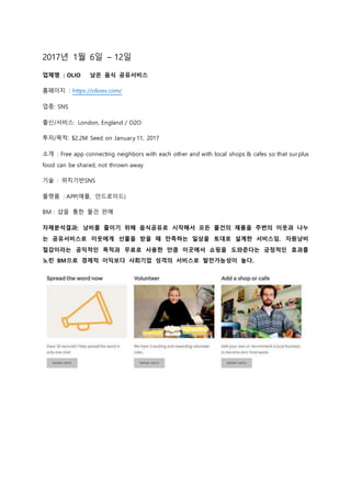 2017년 1월 6일 – 12일
업체명 : OLIO 남은 음식 공유서비스
홈페이지 : https://olioex.com/
업종: SNS
출신/서비스: London, England / O2O
투자/목적: $2.2M Seed on January 11, 2017
소개 : Free app connecting neighbors with each other and with local shops & cafes so that surplus
food can be shared, not thrown away
기술 : 위치기반SNS
플랫폼 : APP(애플, 안드로이드)
BM : 샵을 통한 물건 판매
자체분석결과: 낭비를 줄이기 위해 음식공유로 시작해서 모든 물건의 제품을 주변의 이웃과 나누
는 공유서비스로 이웃에게 선물을 받을 때 만족하는 일상을 토대로 설계한 서비스임. 자원낭비
절감이라는 공익적인 목적과 무료로 사용한 만큼 이곳에서 쇼핑을 도와준다는 긍정적인 효과를
노린 BM으로 경제적 이익보다 사회기업 성격의 서비스로 발전가능성이 높다.
 