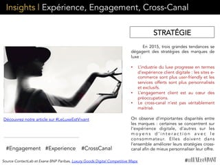 Insights | Expérience, Engagement, Cross-Canal
En 2015, trois grandes tendances se
dégagent des stratégies des marques de
luxe :
•  L’industrie du luxe progresse en termes
d’expérience client digitale : les sites e-
commerce sont plus user-friendly et les
services offerts sont plus personnalisés
et exclusifs.
•  L’engagement client est au cœur des
préoccupations.
•  Le cross-canal n’est pas véritablement
maitrisé.
On observe d’importantes disparités entre
les marques : certaines se concentrent sur
l’expérience digitale, d’autres sur les
m o y e n s d ’ i n t e r a c t i o n a v e c l e
consommateur. Elles doivent dans
l’ensemble améliorer leurs stratégies cross-
canal afin de mieux personnaliser leur offre. 
Découvrez notre article sur #LeLuxeEstVivant
STRATÉGIE
#Engagement #CrossCanal#Experience
Source ContactLab et Exane BNP Paribas, Luxury Goods Digital Competitive Maps
 