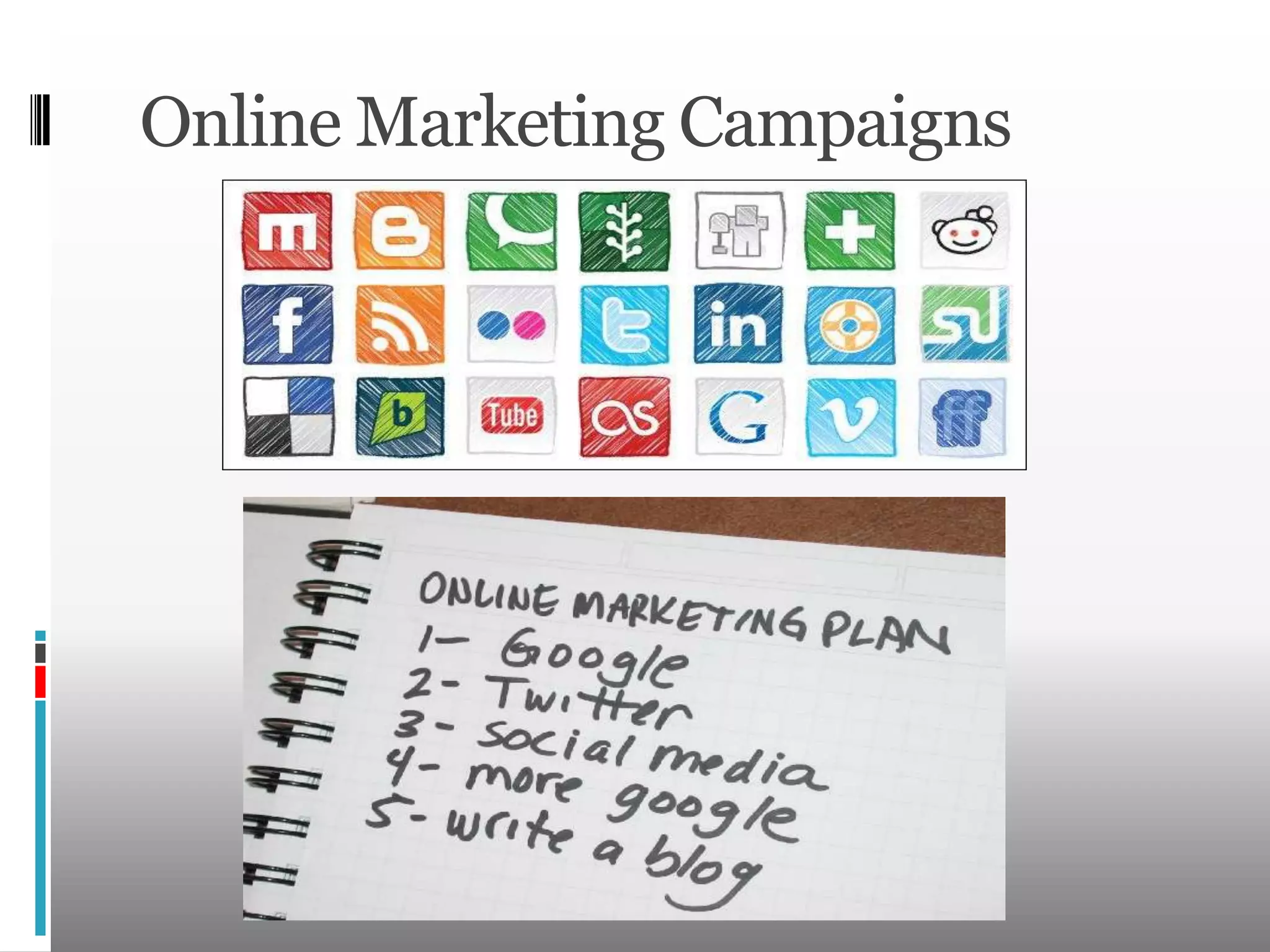 Advantages of SEOOnline AdvertisementsSpending figure on online ads expected $50 billion in 2015Instant feedbackAllows marketers to target a narrower audienceUnlimited exposureTwitter for SEMGoogle’s Social Interaction Analytics tracks interactions Likes and TweetsSEO Case Study: Allied Outdoor SolutionsResultsKeywords chosen from the campaign ranked on page 1 for 11 of the 15Web traffic increased over 4 months by 300%StrategyServer Side DesignSEO campaign of 15 keywordsOptimized website with fresh content added every week